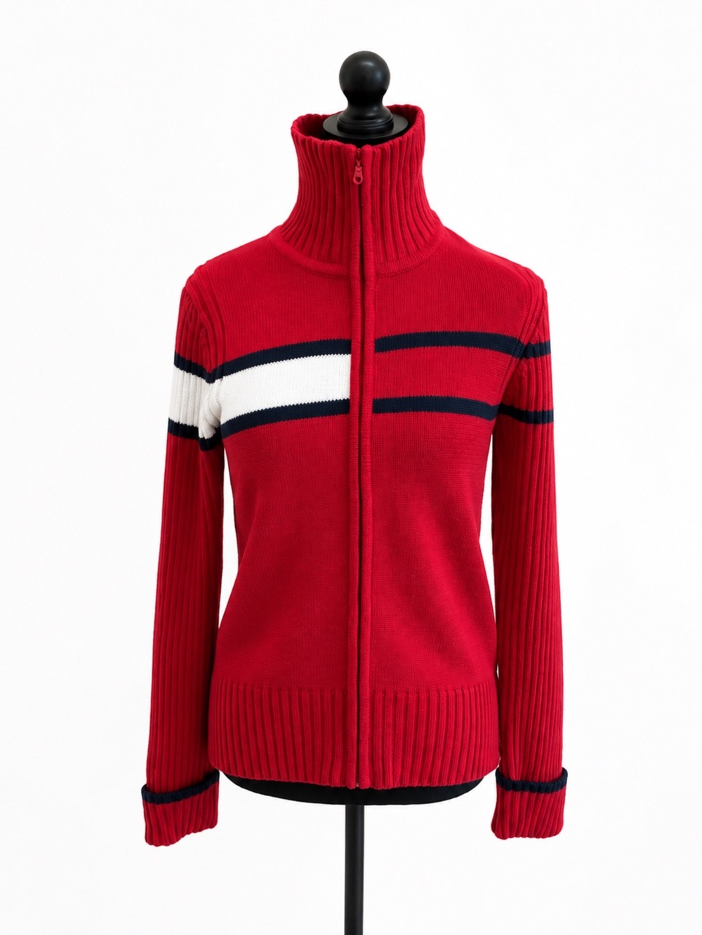 Tommy Hilfiger Red Striped Full-Zip Mock Neck Sweater Size M - Picture 3 of 9